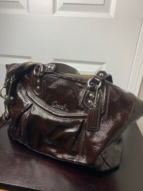 Coach Glossy Patent Leather Shoulder Bag in Dark Brown
